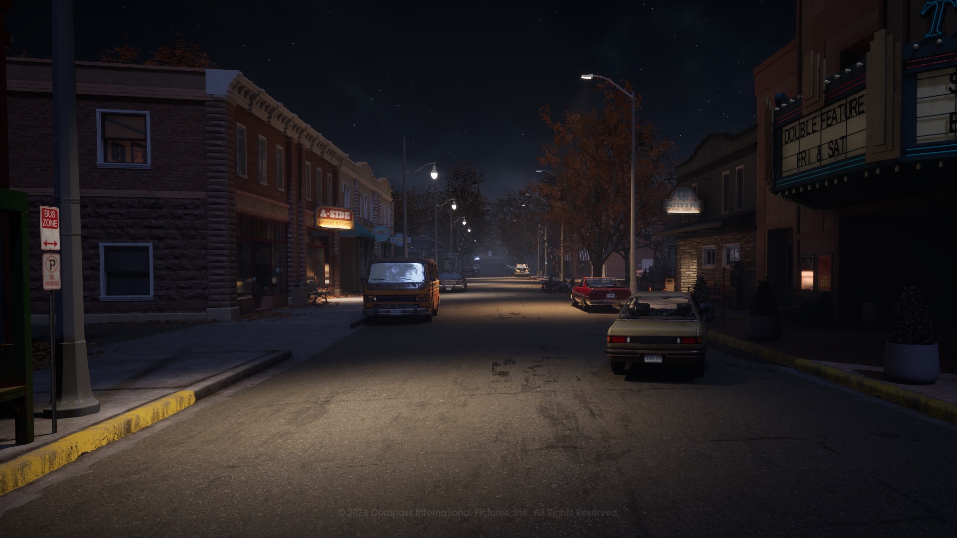 Official Halloween: The Game screenshot — Haddonfield Town Center at night