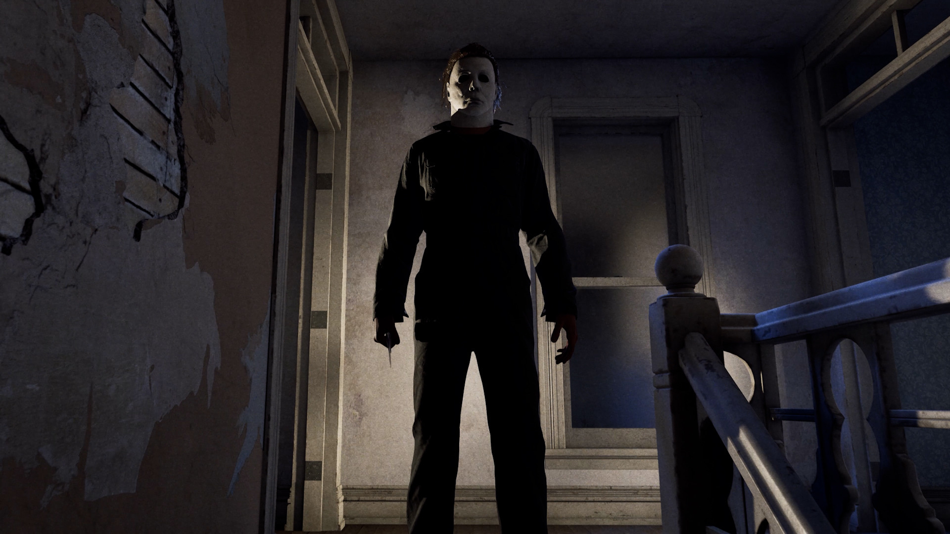 Official Halloween: The Game screenshot — Michael Myers on the stairs